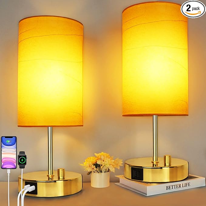 HiBay 2-Pack 17.75" Dimmable Bedside Table Lamps with 2 USB Charging Ports & AC Outlet, Vintage Gold Nightstand Lights with Parchment Shade for Bedroom Kids Room Dorm, Bulb Included