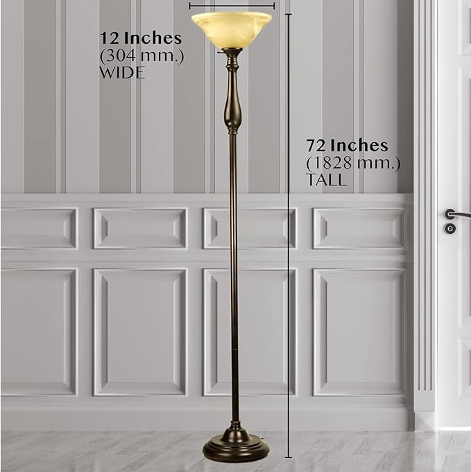 LIGHTACCENTS Royal Bronze Torchiere with Amber Alabaster Shade – Standing Light for Bedroom, Living Room, Office, Reading Corner – Floor Lamp for Home Décor, Ambient Uplight Accent