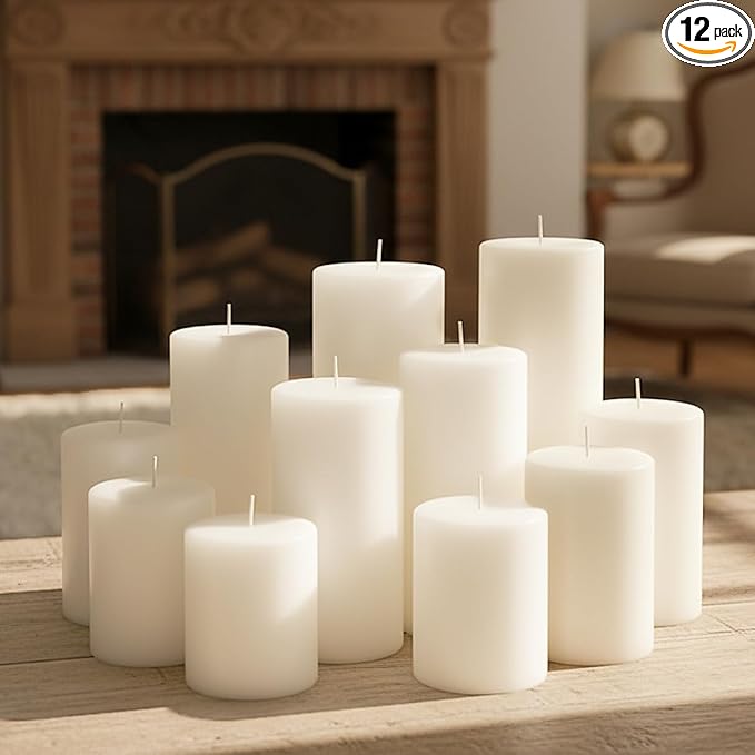 12 Pack White Pillar Candles Bulk Set, 3x3/6/8 Inch - 4 Each Size, Dripless Smokeless Clean Burning for Wedding Centerpieces, Home Decor, Church, Romantic Ambiance！