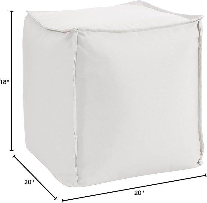 Howard Elliott Square Pouf Ottoman Foot Rest With Cover, Round Stuffed Filled Foot Stool, Fluffy Compact & Comfortable Soft Seating for Living Room & Bedroom, 20 x 20 x 18 Inch, White