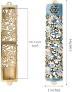 Matashi 6" Hand Painted Enamel Mezuzah Embellished with a Ivy and Flowers Design with Gold Accents Blue Crystals
