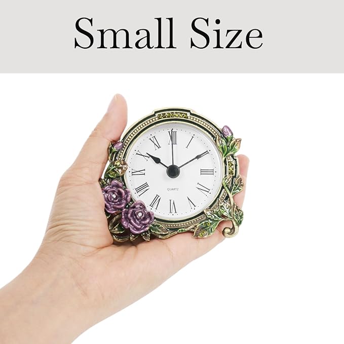 Mini Tabletop Clock, Decorative Vintage Floral Metal Table Clock with Battery Operated for Bedside, Table, Living Room, Home and Office