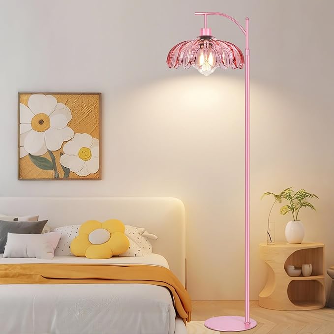 Pink Floor Lamp for Living Room,Bedroom,Glass Dimmable Standing Lamp with Remote,Gold Mid Century Modern Brass Tall Lamp Boho Floor Lamps Arc Stained Flower Floor Light Lamp Girls kids Bohemian