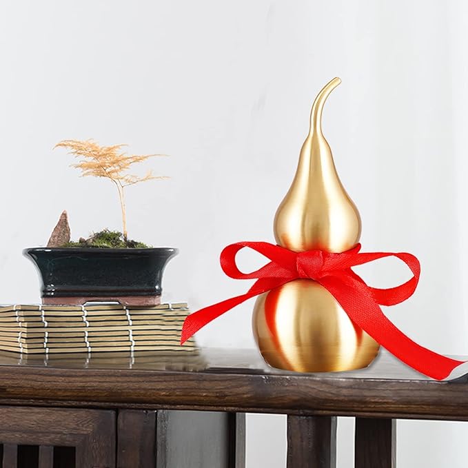 Feng Shui Chinese Brass Wu Lou Gourd,Treasure Statue Home Decoration Table Bookshelf Ornaments,Fortune Protection,Bring You Good Luck,Safty,Healthy,Success,9.84inch Tall,Full Brass