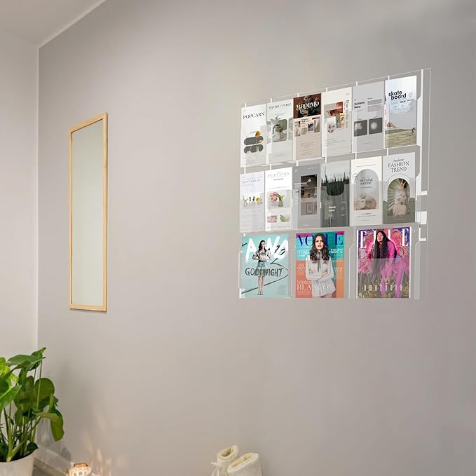 Acrylic Brochure Pamphlet Holder, 3 Magazine Holders and 12 Pamphlet Holders, Clear Brochure Display Holder Wall Mount, Trifold Flyer Rack, Literature Storage Rack for Home, Offices, Waiting Room