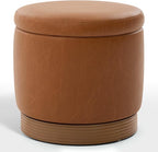 Round Storage Ottoman,Brown Swivel Vanity Stool-Smooth Faux Leather Foot Rest,Footstool Pouf with Sturdy Acacia Wood Frame(500lbs), Hidden Storage Ottoman for Living Room Assembled