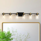 LOUSACE Bathroom Light Fixtures Black and Gold, 6 Light Bathroom Vanity Light, Modern Bathroom Light over Mirror with Clear Glass Shades, Brushed Gold Socket Wall Vanity Lighting Fixtures for Bathroom