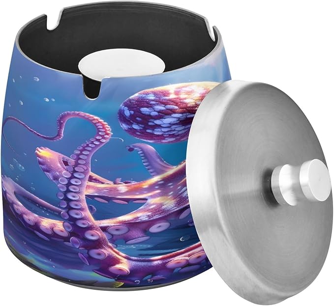 Octopus Underwater Ashtray with Lid, Outdoor Ashtrays for Patio, Stainless Steel Ashtray Odorless Smokeless for Home Office Balcony