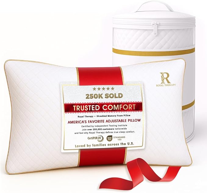 Royal Therapy Queen Memory Foam Pillow, Adjustable Shredded Odor-Free Pillow for Neck & Shoulder Pain Relief, Support for Back, Stomach, Side Sleepers, CertiPUR-US