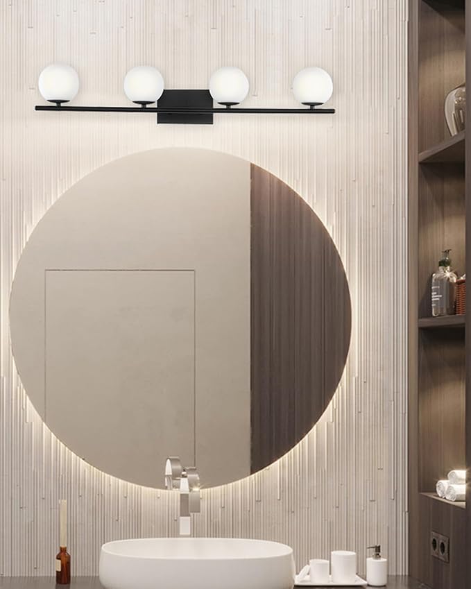 New Bathroom Vanity Light Fixtures Matte Black Milk White Globe Glass Shade 4 Lights Modern Wall Bar Sconce Over Mirror(4 lights-35.43inch)