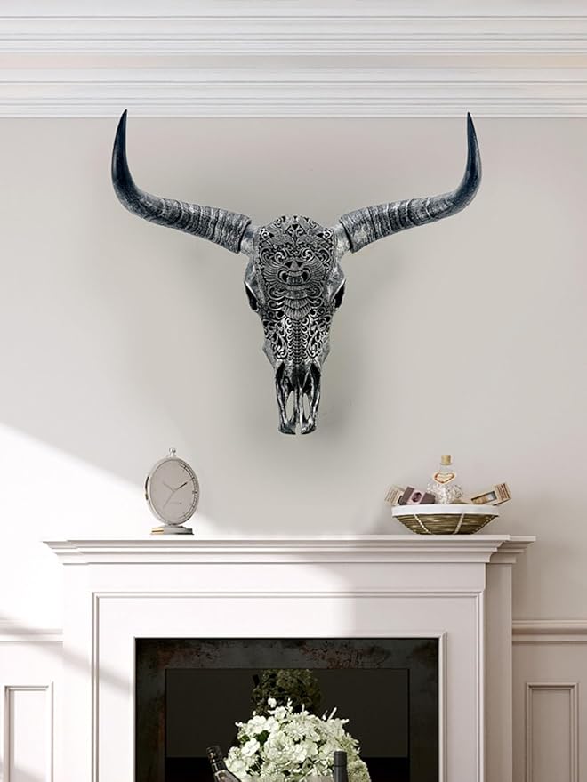 Long Horn Cow Skull, Cow Skull Wall Hanging Decor,Wall Hanging Boho Style Faux Longhorn Skull Faux Taxidermy Animal Head, Handmade Decor Home Sculpture Faux Bull Horns for Wall 27″*26″*10″ (Black)