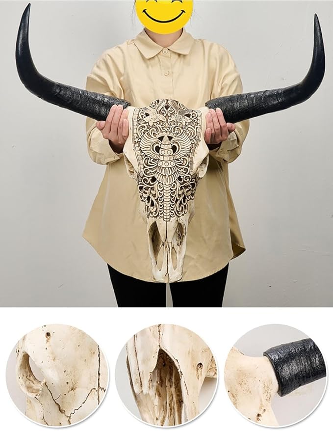 Long Horn Cow Skull, Cow Skull Wall Hanging Decor,Wall Hanging Boho Style Faux Longhorn Skull Faux Taxidermy Animal Head, Handmade Decor Home Sculpture Faux Bull Horns for Wall 27″*26″*10″ (Black)