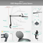 ESD Safe (Glass Lens) Professional LED Magnifying Lamp with Clamp (5 Diopter, 2.25X) Work Light, 4 Brightness Levels, Daylight Bright, 1200 Lumens, 5600K-6000K, Matte Black, BoliOptics MG16303222