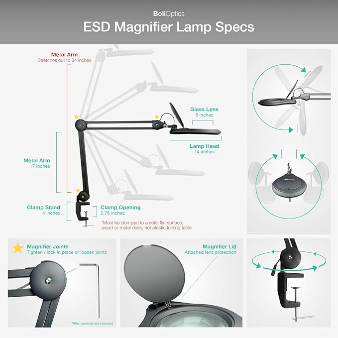 ESD Safe (Glass Lens) Professional LED Magnifying Lamp with Clamp (5 Diopter, 2.25X) Work Light, 4 Brightness Levels, Daylight Bright, 1200 Lumens, 5600K-6000K, Matte Black, BoliOptics MG16303222