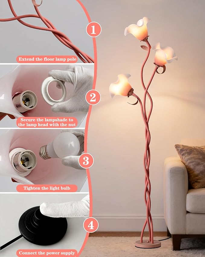 Flower Floor Lamp for Living Room - Tall Standing Reading Lamp with Flexible Neck, 3 Color Temperatures LED Dimmable Decorative Light, Pink Calla Floor Lamp for Bedroom Corner (Pink)