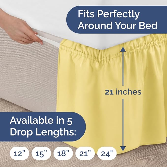 Wrap Around Dust Ruffle Bed Skirt - Yellow - Twin/Twin XL Size Beds with 21 Inch Drop - Easy Fit Elastic Strap - Adjustable Pleated Bedskirt w/Brushed Fabric - Wrinkle Free - Women, Men, Kids & Teens