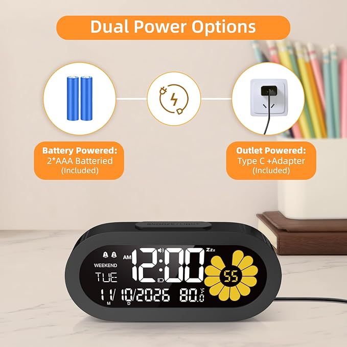 DOOMAY Digital Alarm Clock for Bedroom: Dual Alarm Bedside Clock VA LCD Display with Seconds, 9-Minute Snooze and Weekend Mode, 3 Brightness, 4 Alarms and 3 Volume Levels，Type C & Battery Included