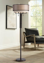 Franklin Iron Works Alamo Industrial Rustic Farmhouse Standing Floor Lamp 62" Tall Bronze Sheer Brown Organza Linen Fabric Double Drum Shades for Living Room Reading Bedroom Office House Home Decor