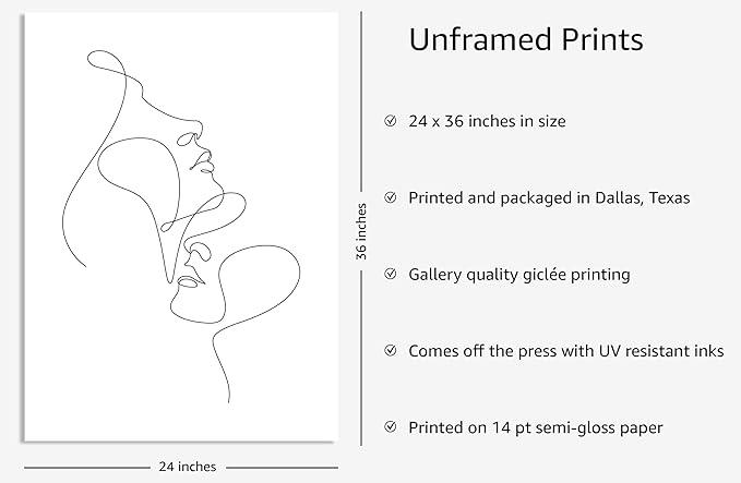 Y2K BOO Minimalist Face to Face UNFRAMED Wall Art Two Portraits Continuous Line Drawing 24x36 Inch Heavyweight Paper Modern Aesthetic Studio Decor
