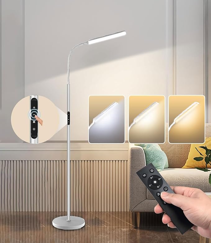 Dimunt LED Floor Lamp, Bright 15W Floor Lamps for Living Room with 1H Timer, Stepless Adjustable 3000K-6000K Colors & Brightness Standing Lamp with Remote & Touch Control Reading Floor Lamps-Silver