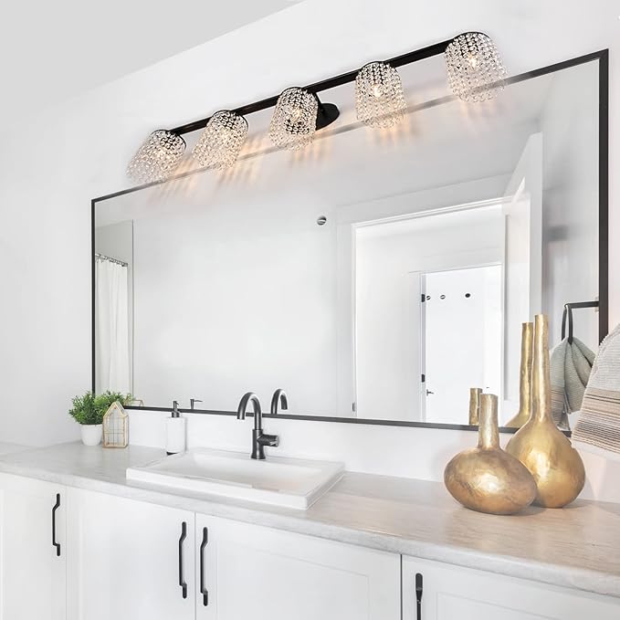 5-Light Bathroom Light Fixtures,Crystal Black Vanity Lights for Bathroom,Modern Bathroom Lights Over Mirror, Black Vanity Light Fixtures
