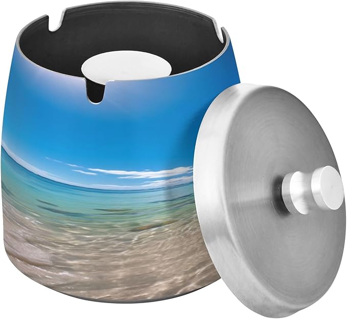 Hawaii Beach Sea Ashtray with Lid, Outdoor Ashtrays for Patio, Stainless Steel Ashtray Odorless Smokeless for Home Office Balcony