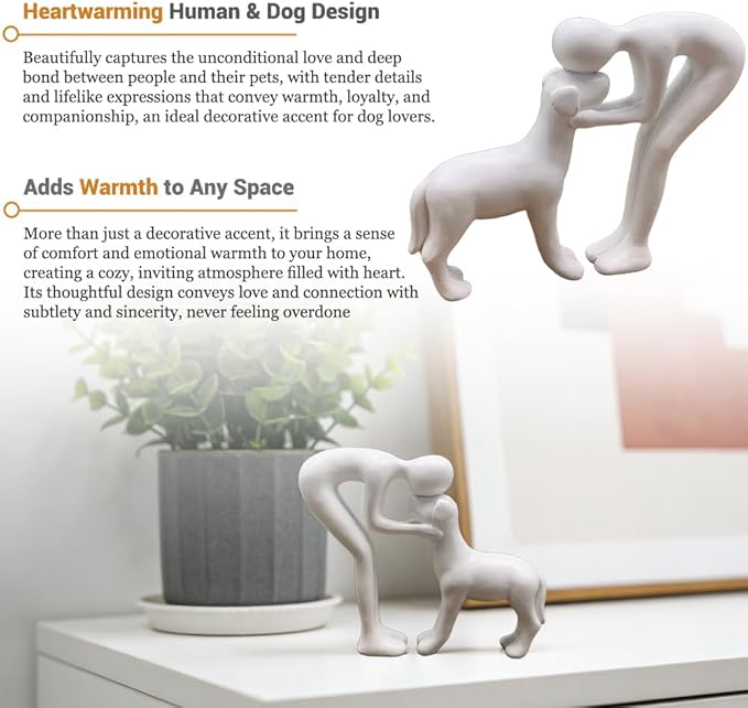 Human and Dog Statue Decoration, Cute Pet Sculpture Home Decor Tabletop Ornament Figurines Office Living Room Bedroom Home, for Dog Lovers Friends Family Decoration, White Color
