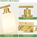 3-Light Bathroom Light Fixtures, Brushed Gold Vanity Light with Milky White Shades, Bathroom Lighting Fixtures Over Mirror, Modern Bathroom Wall Lamp for Mirror Living Room Cabinet Bedroom