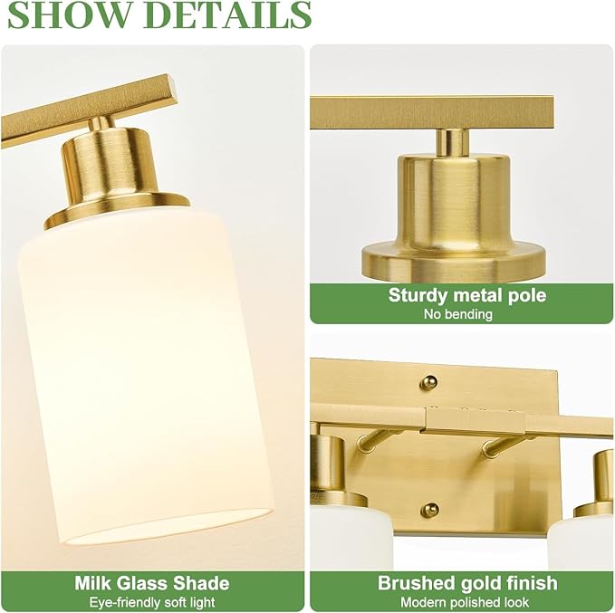 3-Light Bathroom Light Fixtures, Brushed Gold Vanity Light with Milky White Shades, Bathroom Lighting Fixtures Over Mirror, Modern Bathroom Wall Lamp for Mirror Living Room Cabinet Bedroom