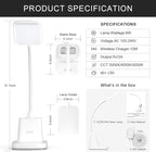 Desk Lamp with Wireless Charger - LED Desk Lamps for Home Office with Pen Holder, 800LM, 3 Color Modes, Flexible Arm, Eye-Caring White Table Lamps for Home College Dorm Room Christmas Gifts