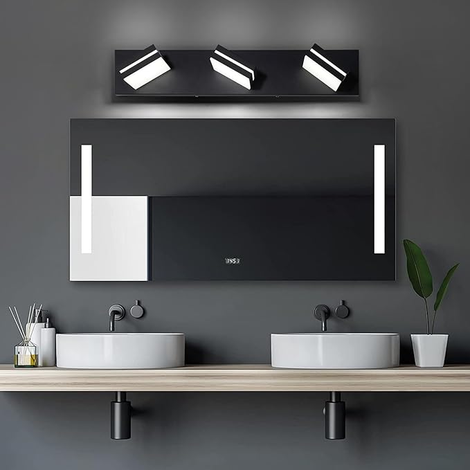 OKELI Bathroom Light Fixtures Black Modern 3-Lights Vanity Light Over Mirror LED Dimmable 350° Adjustable Lamp Head 24W 6000K Cool White ETL Listed 24 Inch
