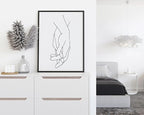 Holding Hands Wall Art Interlocking Fingers Connection Continuous Line Drawing 12x16 Inch Oak Wood Black Framed Modern Minimalist Unity Print for Bedroom