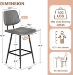 24-Inch Leather Bar Stools Set of 3, Counter Height Barstools with High Backrest，Bar Chairs for Kitchen Island with Heavy Duty Metal Base, Gray