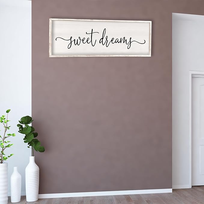 Surfapans Sweet Dreams Wall Decor Above Bed 32"x12" ofr Master Bedroom Guest Room Wood Rustic Framed Wall Art Sign (White)