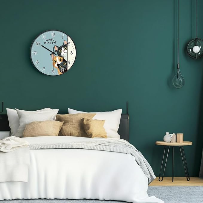 8 inch Plastic Wall Clock Battery Operated, Decorative Round Wall Clock, Quiet Wall Clock, Cat Pattern