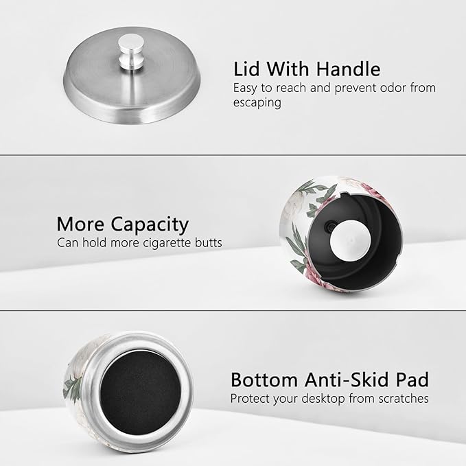 Peony Flower Ashtray with Lid, Outdoor Ashtrays for Patio, Stainless Steel Ashtray Odorless Smokeless for Home Office Balcony