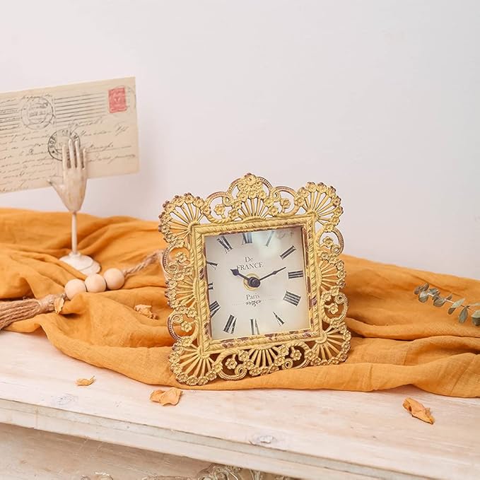 NIKKY HOME Vintage Table Clock, Shabby Chic Decorative Pewter Desk Clock Battery Operated for Living Room Bathroom Shelf, Yellow