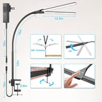 Desk Lamp for Home Office, Double Head Desk Light with Clamp, Dimmable 5 Color Modes Task Lighting, Eye-Caring Architect Table Lamp for Workbench, Dual Monitor, Study, 1400lm