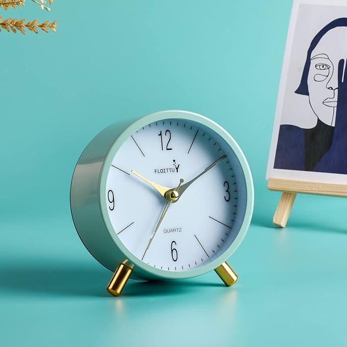 4 inches Super Silent Alarm Clock, Cream Green Beep Wake Round Alarm Clock with Night Light,Battery Operated,Easy Set Entry Lux Stylefor Desk, Bedroom and Home Decoration