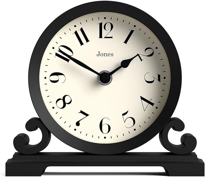 JONES CLOCKS® Saloon Mantel Clock | Traditional Double Scroll Design | Black | Contemporary Classic Style for Desk, Table, Shelf or Bedside