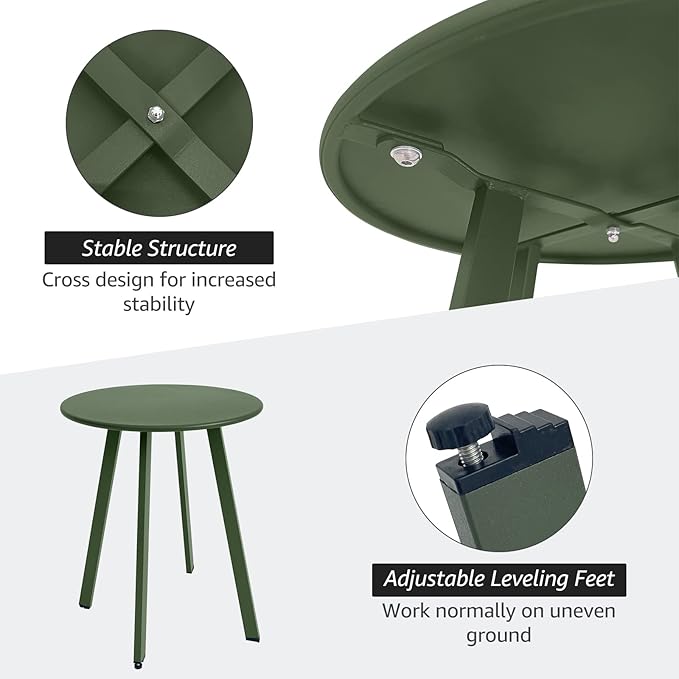 Outdoor Table, Weather Resistant Patio Round Metal Steel Small Table, Waterproof End Table for Garden Balcony Yard, Dark Green