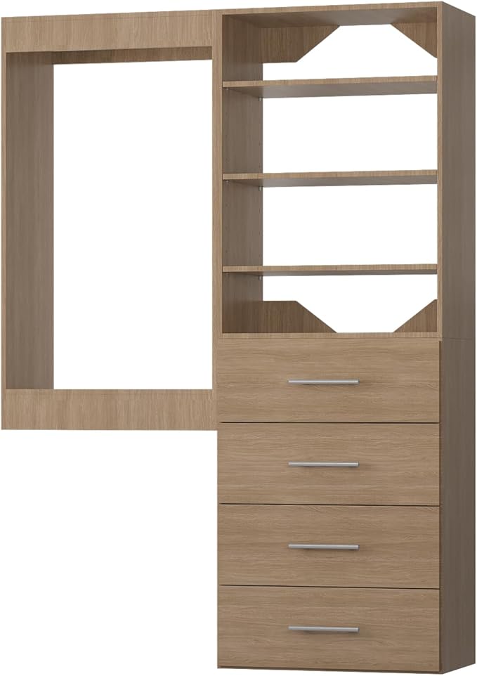 Modular Closet Organizer, 46" Wide Tower and Drawer Closet System, Wooden Wall Mounted Wardrobe Organizer for Bedroom