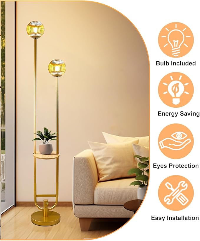 Glass Floor Lamp with Tray, Gold Dimmable Globe Floor Lamp for Wedding/Party, 2Pcs 3000K Soft Warm White Bulbs Included, Mid Century Modern Standing Lamps for Living Room Bedroom