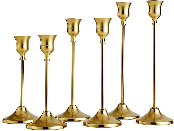 Gold Candle Holders Taper Candle Holder for Candlesticks, Tall Metal Candlestick Holders for Table Centerpiece, Home Decor, Fits 3/4 Inch Thick Candles (Gold, 2 Sets(6 Pcs))