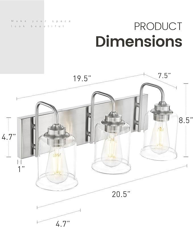 zeyu 20.5 Inch Modern Bathroom Vanity Lamp, 3-Light Wall Mirror Light for Bathroom, Brushed Nickel Finish with Clear Glass Shade, ZSL72B-3W BN