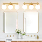 3-Light Bathroom Light Fixtures, Brushed Gold Vanity Lights for Bathroom with Milky White Glass Ball Shade, 18.9 inch Bathroom Lighting Fixtures Over Mirror, Wall Sconce for Bedroom(Bulb Not Included)