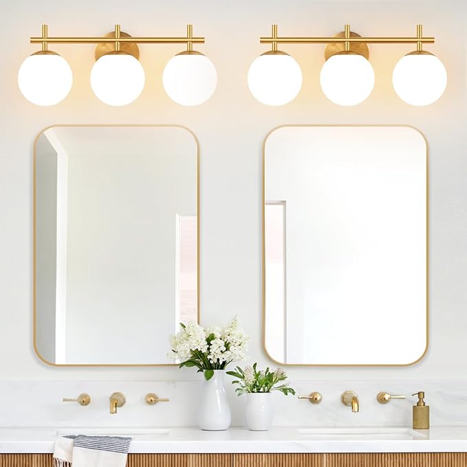 3-Light Bathroom Light Fixtures, Brushed Gold Vanity Lights for Bathroom with Milky White Glass Ball Shade, 18.9 inch Bathroom Lighting Fixtures Over Mirror, Wall Sconce for Bedroom(Bulb Not Included)