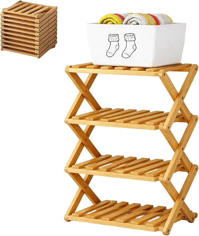 Upgraded The 9-Tier No-Assembly Bamboo Shoe Rack (3–9 Tier), Folding Bamboo Shoe Storage Rack with Zero Assembly Required and Space-Saving Design for Entryway Closet Apartment (Nature, 4 Tier)