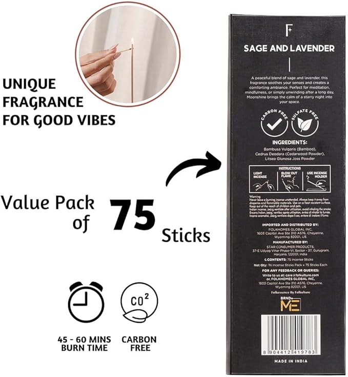 Folkulture Incense Sticks (75 Sticks) |8" Premium Sage & Lavender Incense Sticks for Meditation, Aromatherapy, Cleansing, Focus | No Charcoal,Organic, Non Toxic, 45 Mins, Long Burning Insence-Sticks