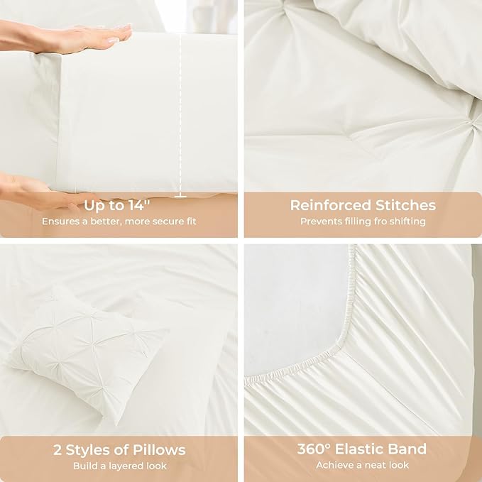Sasttie California King Comforter Set, 7-Piece Bed in a Bag, Pintuck Bedding Sets for All Season, Includes Comforter, Flat Sheet, Fitted Sheet, Pillowcases and Pillowshams, Ivory